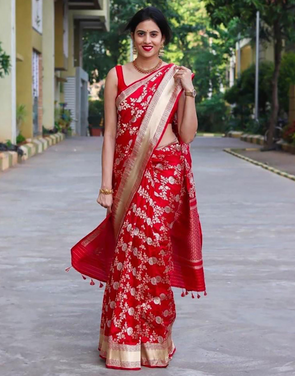 Hot Red Soft Banarasi Silk Saree With Zari Weaving Work