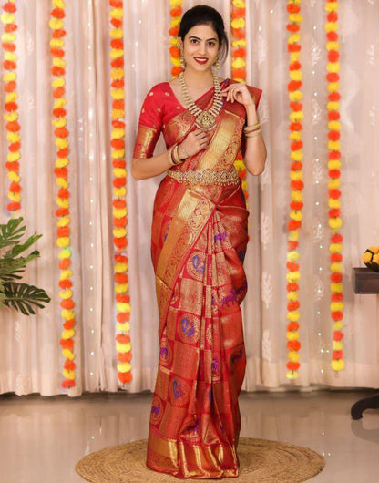 Red Soft Banarasi Silk Saree With Zari Weaving Work