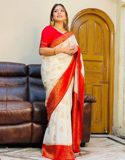 Off White & Candy Red Soft Banarasi Silk Saree With Zari Weaving Work