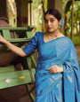 Rama Blue Soft Lichi Silk Saree With Zari Weaving Work