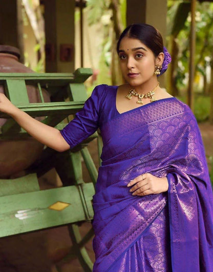 Purple Soft Lichi Silk Saree With Zari Weaving Work