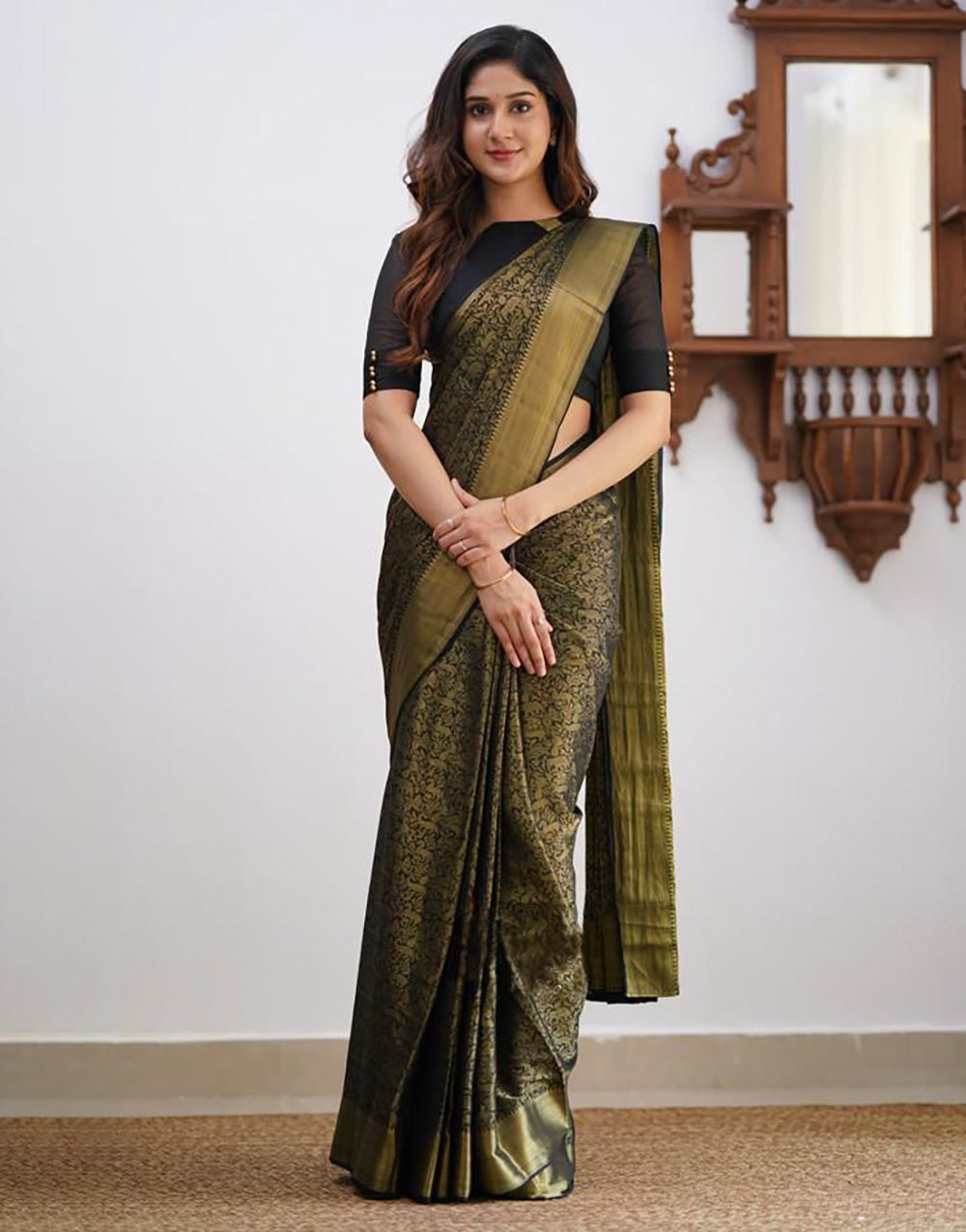 Black Soft Lichi Silk Saree With Zari Weaving Work