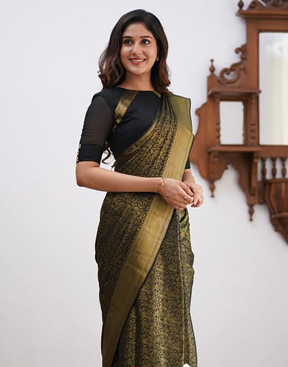 Black Soft Lichi Silk Saree With Zari Weaving Work
