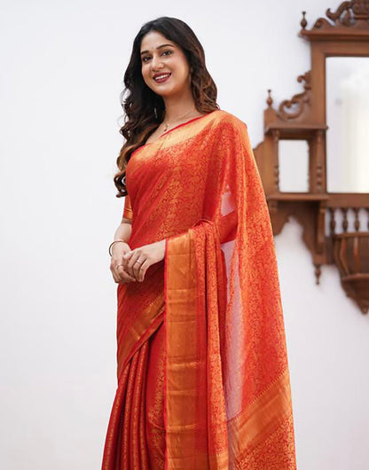 Orange Soft Lichi Silk Saree With Zari Weaving Work