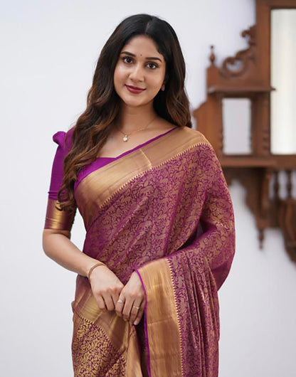 Purple Soft Lichi Silk Saree With Zari Weaving Work