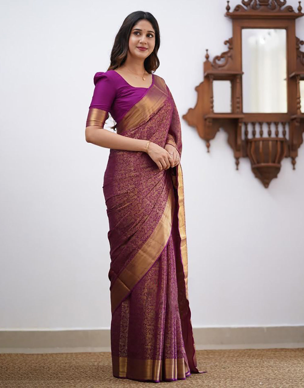 Purple Soft Lichi Silk Saree With Zari Weaving Work