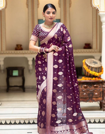 Wine Banarasi Silk Saree With Zari Weaving Work