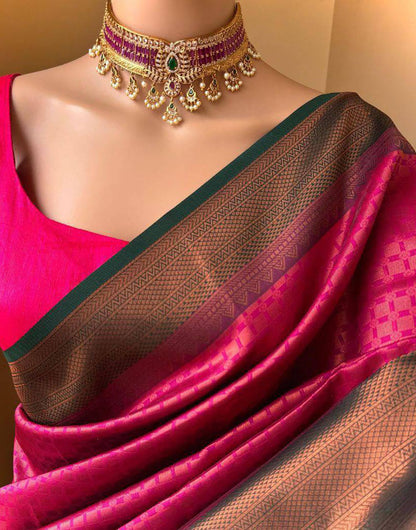 Dark Pink Soft Lichi Silk Saree With Zari Weaving Work