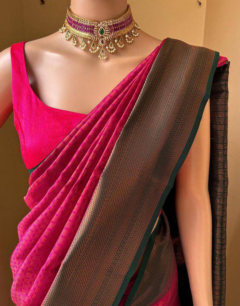 Dark Pink Soft Lichi Silk Saree With Zari Weaving Work