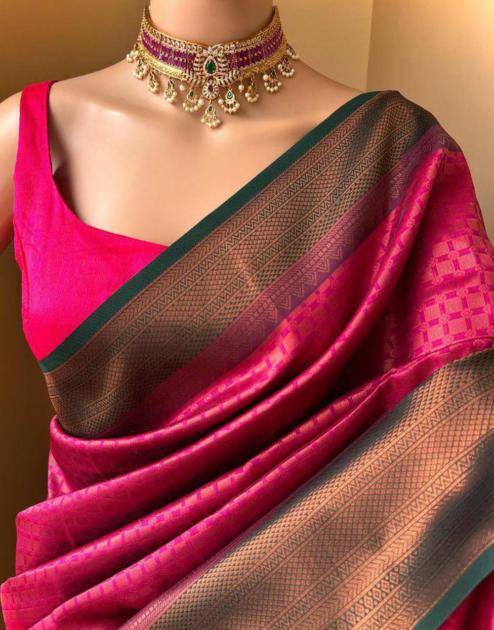 Dark Pink Soft Lichi Silk Saree With Zari Weaving Work