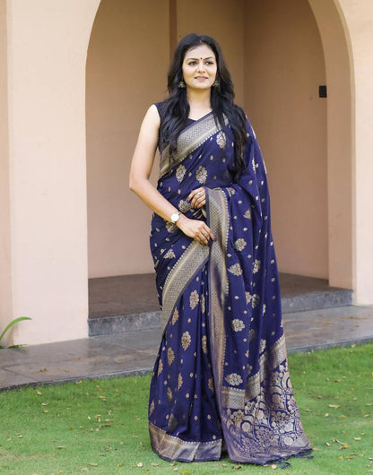 Midnight Blue Rich Pallu Soft Lichi Silk Saree With Zari Weaving Work