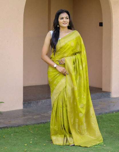 Bitter Lemon Rich Pallu Soft Lichi Silk Saree With Zari Weaving Work