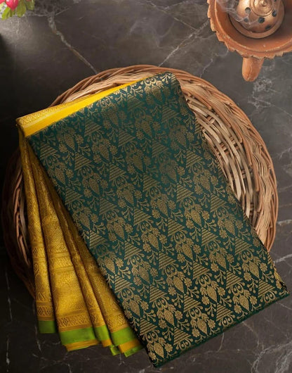 Green & Yellow Banarasi Soft Silk Saree With Weaving Work