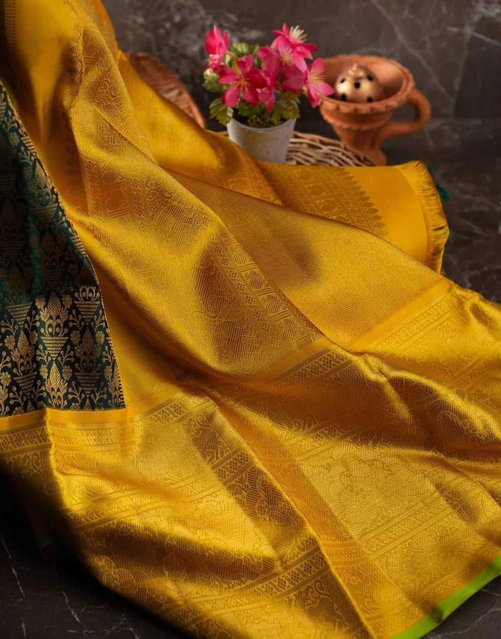 Green & Yellow Banarasi Soft Silk Saree With Weaving Work