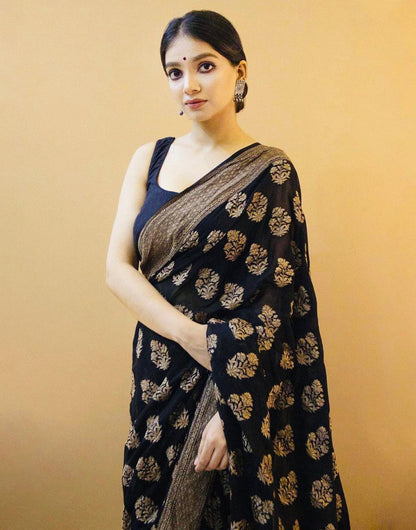 Black Soft Lichi Silk Saree With Zari Weaving Work