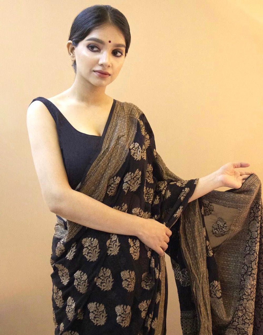 Black Soft Lichi Silk Saree With Zari Weaving Work