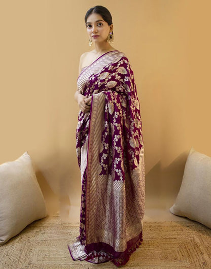 Magenta Soft Lichi Silk Saree With Zari Weaving Work