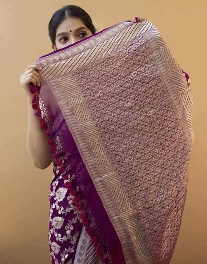 Magenta Soft Lichi Silk Saree With Zari Weaving Work