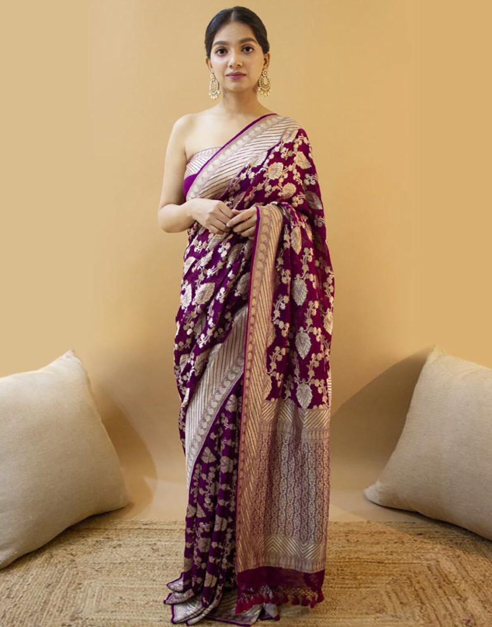 Magenta Soft Lichi Silk Saree With Zari Weaving Work