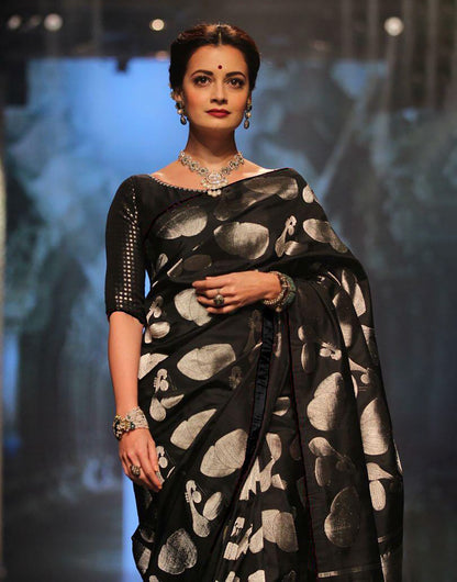 Black Soft Lichi Silk Saree With Zari Weaving Work