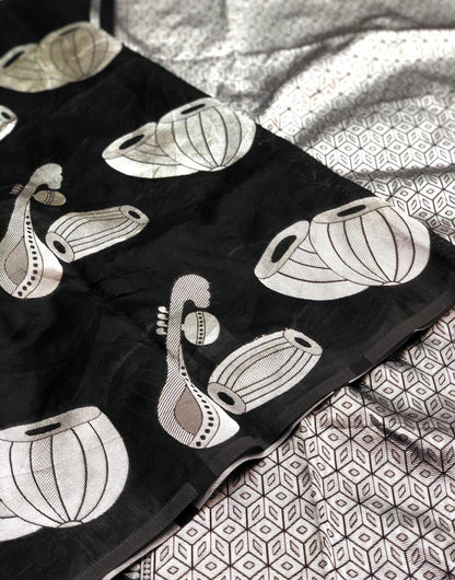 Black Soft Lichi Silk Saree With Zari Weaving Work