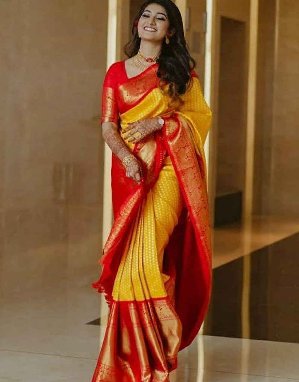 Yellow & Red Soft Lichi Silk Saree With Zari Weaving Work