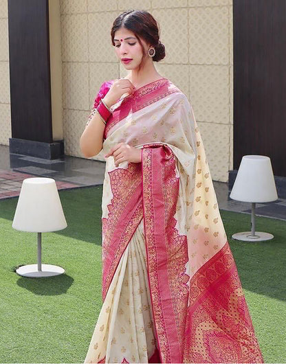 Off White And Pink Soft Banarasi Silk With Zari Weaving Work