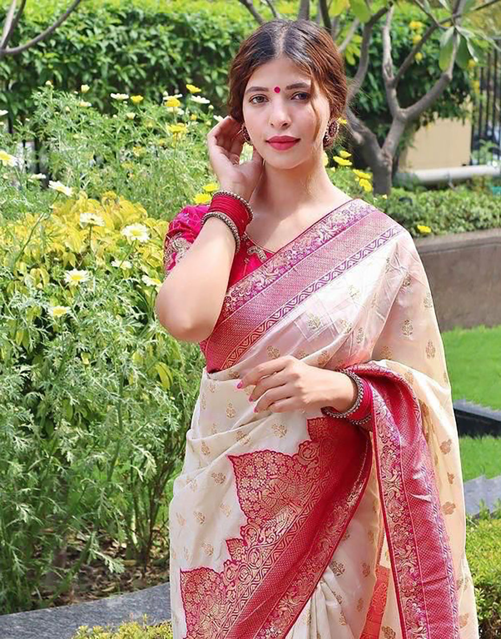 Off White And Pink Soft Banarasi Silk With Zari Weaving Work