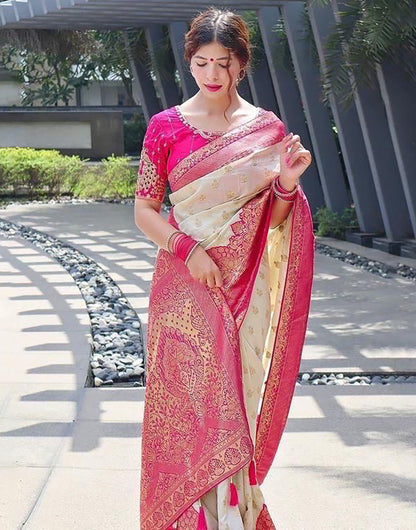 Off White And Pink Soft Banarasi Silk With Zari Weaving Work