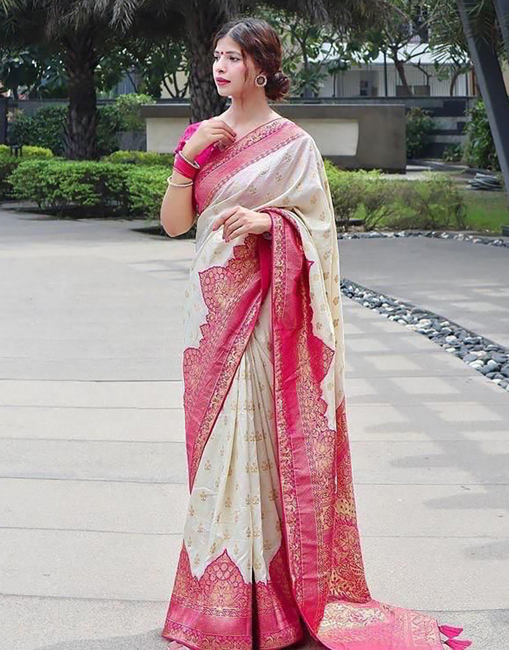 Off White And Pink Soft Banarasi Silk With Zari Weaving Work