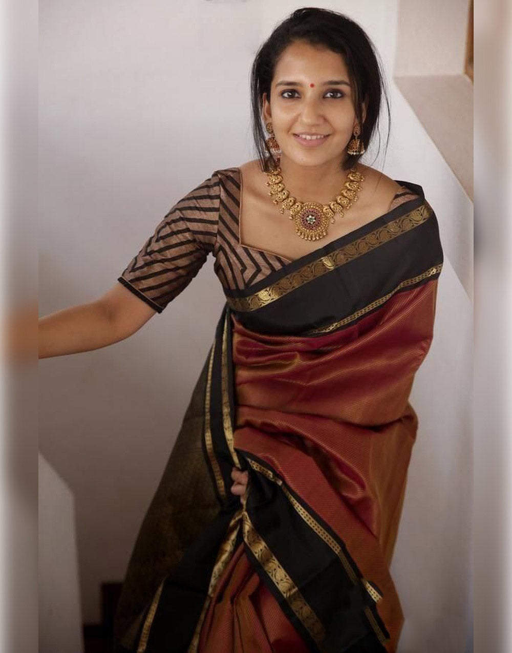 Black Soft Lichi Silk Maharastrian Style Saree