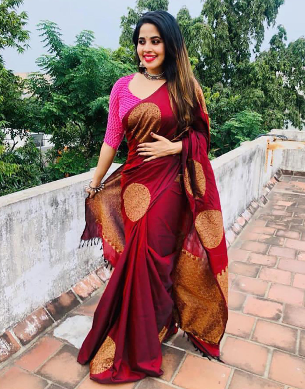 Maroon Soft Lichi Silk Saree With Zari Weaving Work