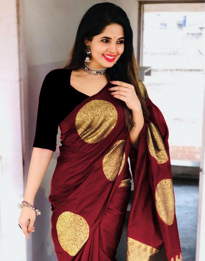 Maroon Soft Lichi Silk Saree With Zari Weaving Work