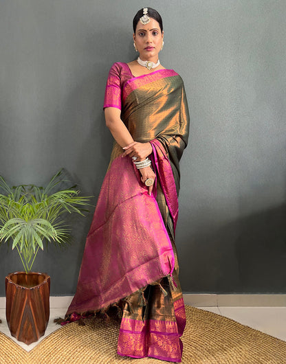 Mehendi Green & Pink Banarasi Silk Saree With Weaving Work