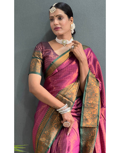 Rani Pink & Dark Green Banarasi Silk Saree With Weaving Work