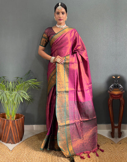 Rani Pink & Dark Green Banarasi Silk Saree With Weaving Work