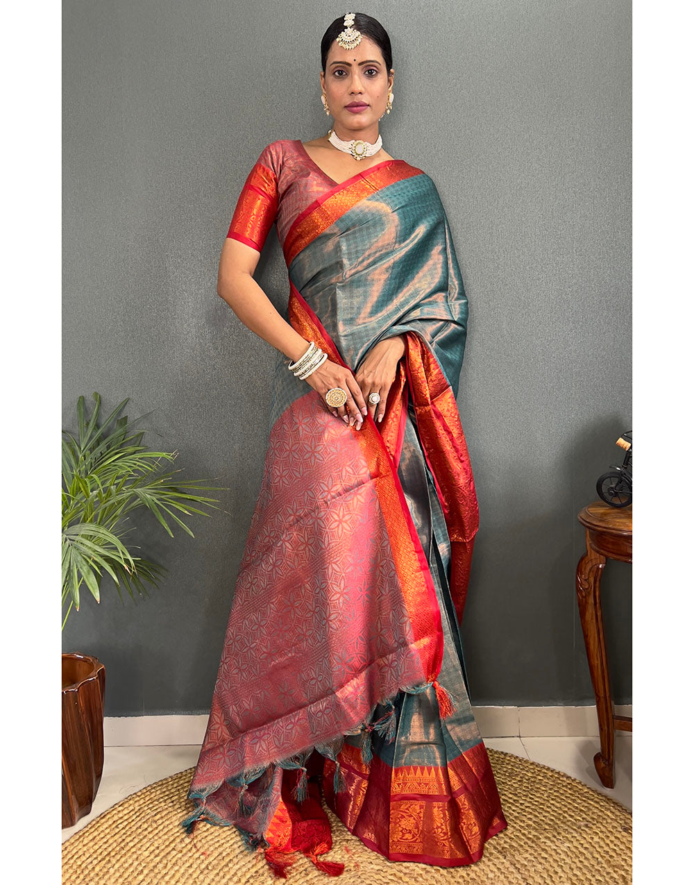 Rama Blue & Red Banarasi Silk Saree With Weaving Work