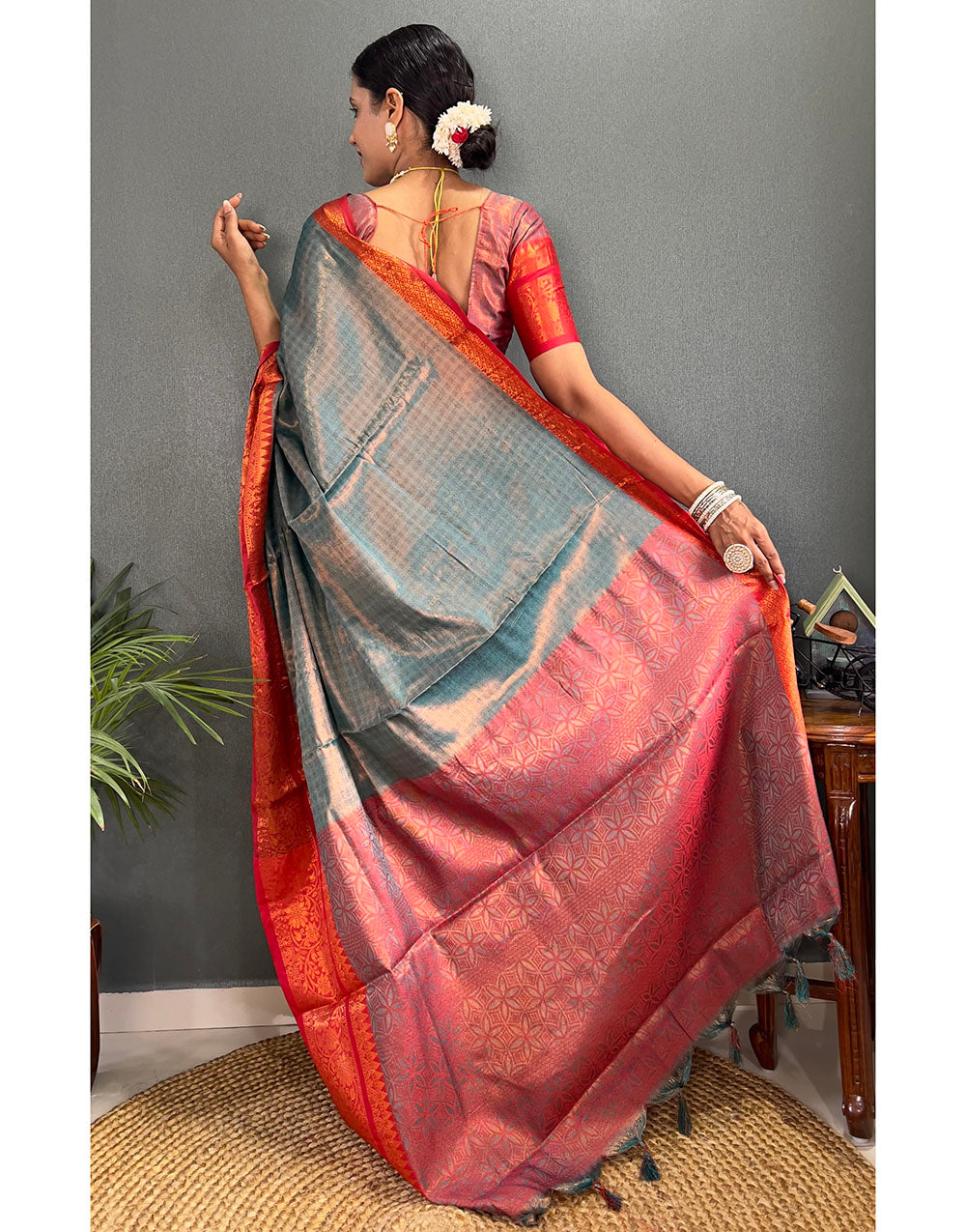 Rama Blue & Red Banarasi Silk Saree With Weaving Work