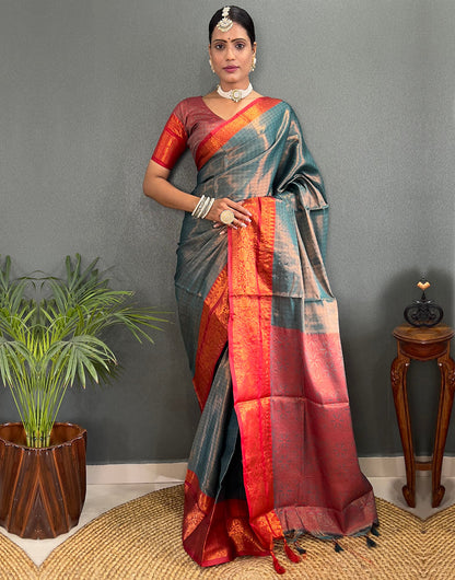 Rama Blue & Red Banarasi Silk Saree With Weaving Work