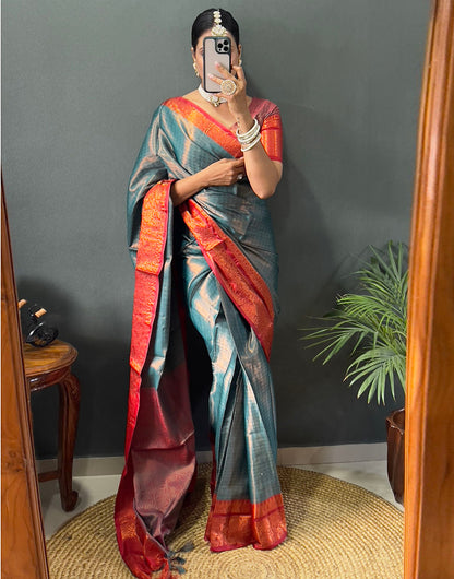 Rama Blue & Red Banarasi Silk Saree With Weaving Work