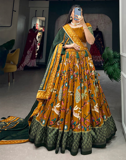 Honey Yellow Tussar Silk With Foil Printed Lehenga Choli