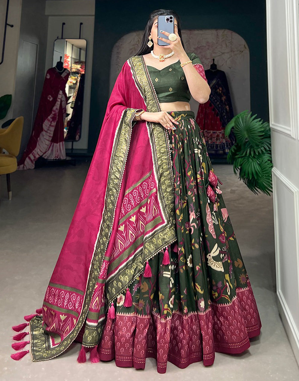 Hunter Green Tussar Silk With Foil Printed Lehenga Choli