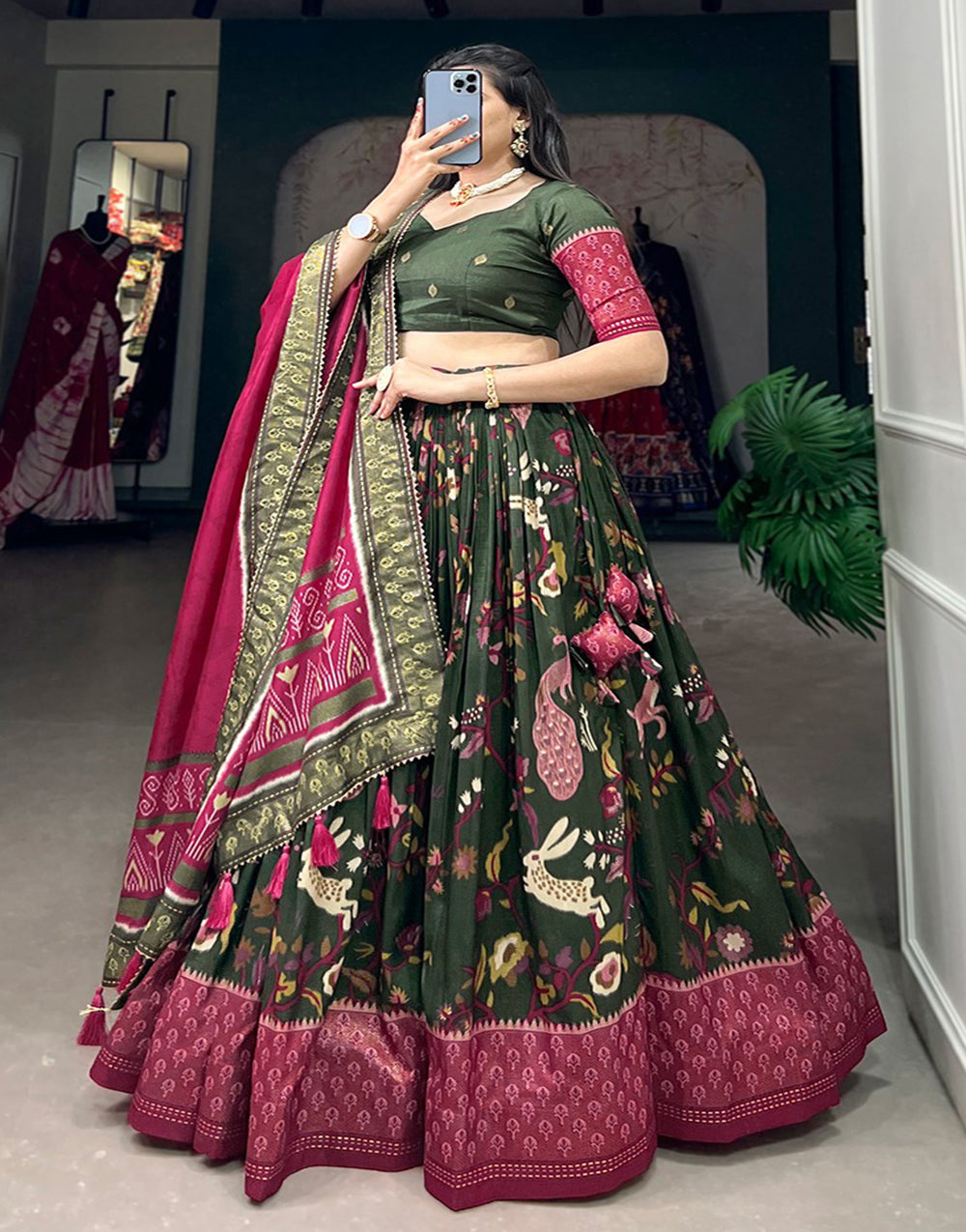 Hunter Green Tussar Silk With Foil Printed Lehenga Choli