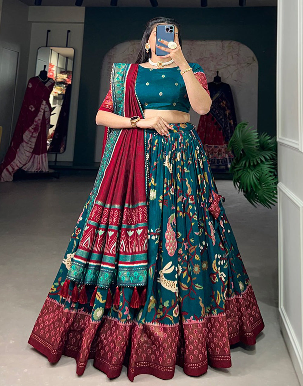 Pacific Ocean Blue Tussar Silk With Foil Printed Lehenga Choli