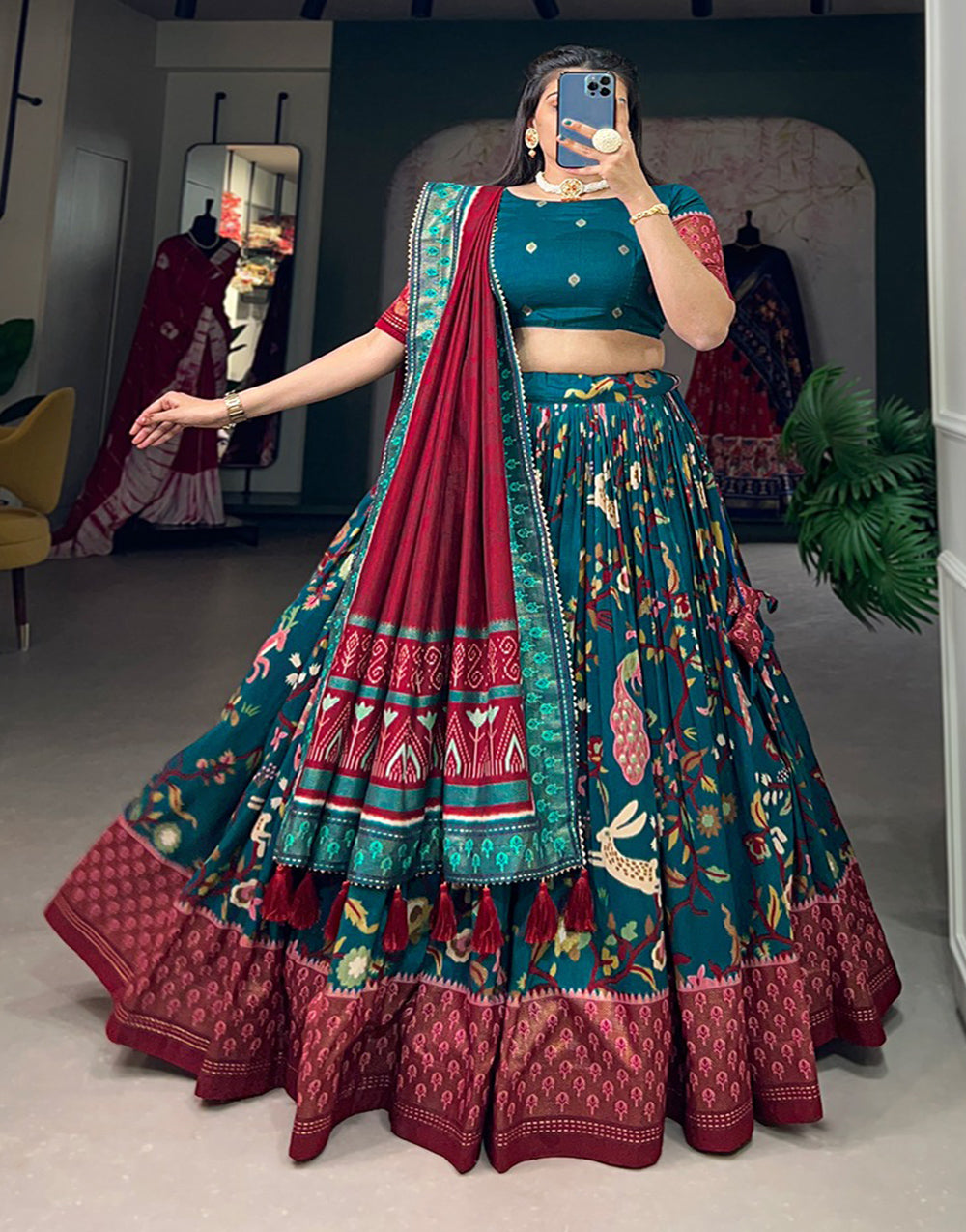 Pacific Ocean Blue Tussar Silk With Foil Printed Lehenga Choli