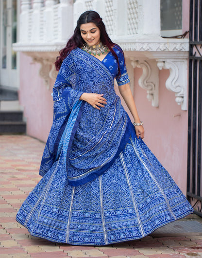 Persian Blue Silk With Bandhani Printed Lehenga Choli