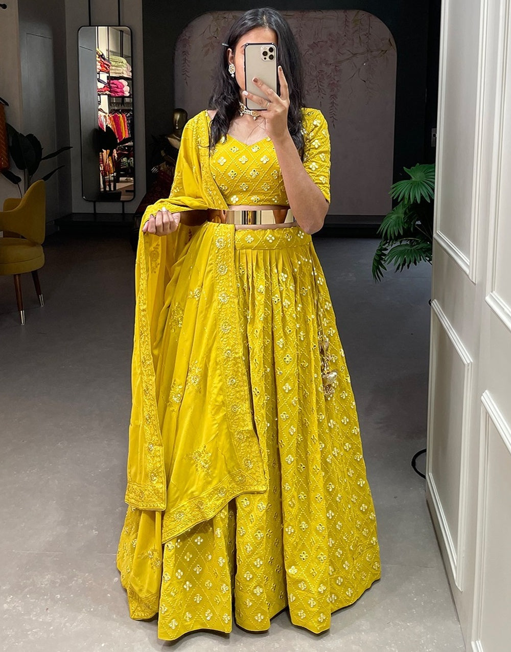 Yellow Georgette With Thread And Paper Mirror Work Lehenga Choli