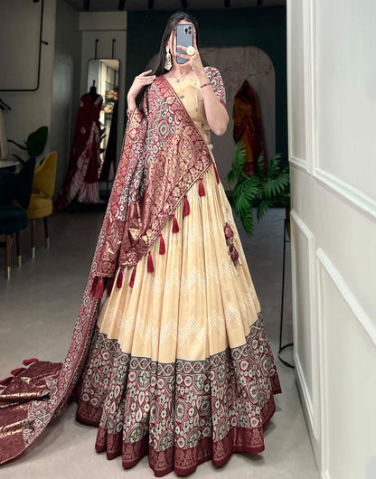 Beige Tussar Silk With Foil Printed Lehenga Choli