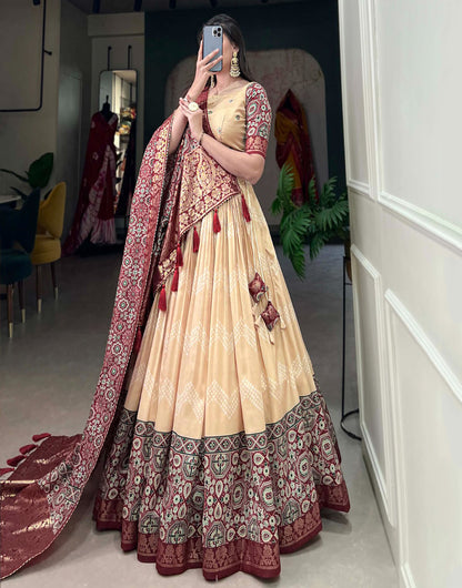 Beige Tussar Silk With Foil Printed Lehenga Choli