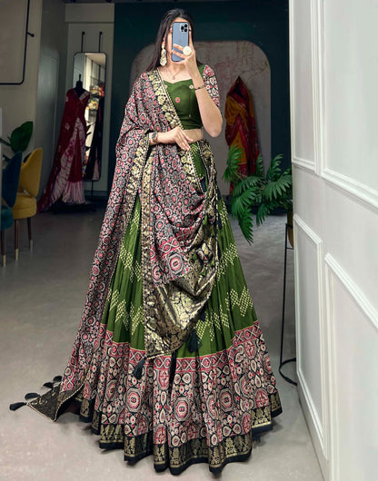 Forest Green Tussar Silk With Foil Printed Lehenga Choli